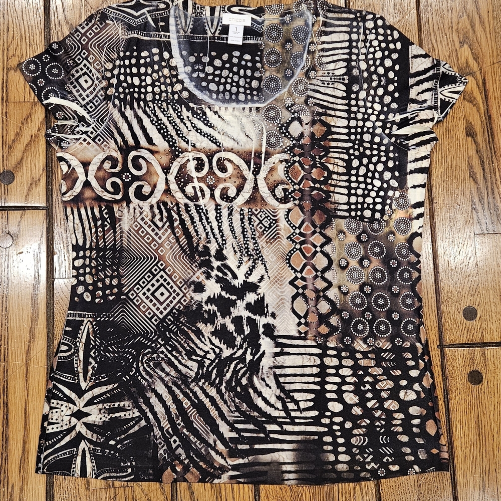 Chico’s Size 1 Women’s Short Sleeve Top Brown Black Abstract Animal Print